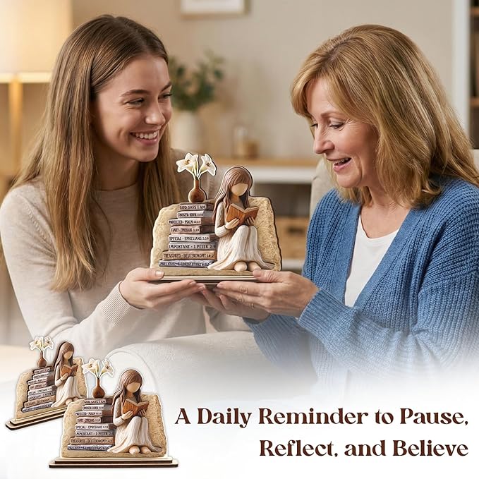 KATINAT Christian Gifts for Women, Bible Verse Desk Decor, God Says I Am Decorative Sign, Inspirational Religious Tabletop Plaque for Office Desk, Home, Prayer Room, Mother’s Day for Her
