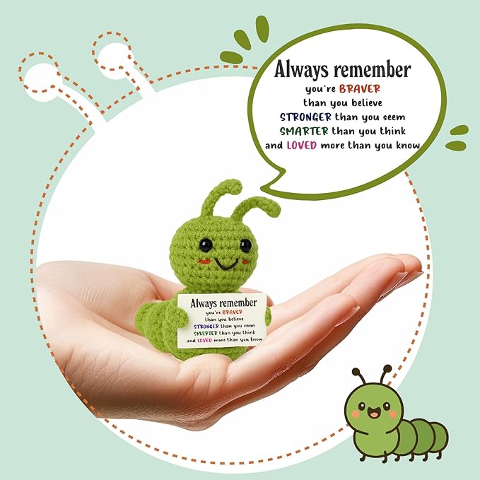 Mini Inspirational Positive Caterpillar, Always Remember You’re Braver Loved Gift, Crochet Caterpillar Gifts for Coworker Teacher Friend Kid Home & Office Desk Decor