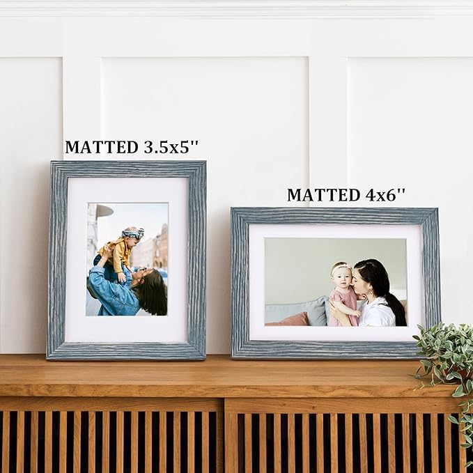 Egofine 5x7 Picture Frames Set of 4, Made of Solid Wood Covered by Plexiglass 3.5x5 and 4x6 with Mat or 5x7 without Mat, for Table Top Display and Wall Mounting Photo Frame Rustic Blue