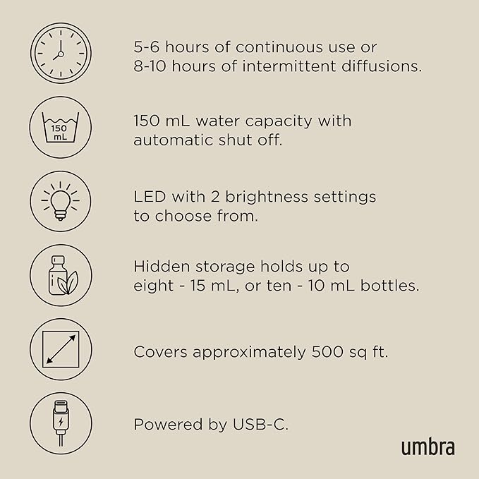 Umbra Casita Diffuser in Sand – Aromatherapy Essential Oil Diffuser with LED Light, Multiple Mist Settings, Automatic Shut-Off, Hidden Storage for Oils, Concrete & Melamine Design for Modern Homes