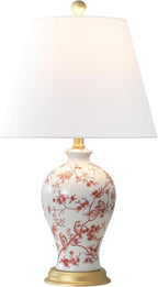 JONATHAN Y 24" White/Red French Country Ceramic Floral Urn Table Lamp, White Linen Shade, Chinoiserie Ginger Jar Bedside Lamp for Living Room Bedroom, LED Bulb (JYL3009C)