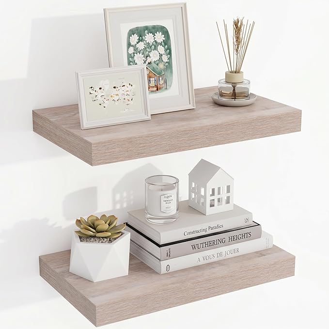 Acovy 16 Inch Floating Shelves, 3D Textured Wood Grain, 16"x9.25"x1.5" Inch Deep Floating Shelves for Wall, Wooden Shelves for Bathroom, Bedroom, Living Room, Washed White, 2 Pieces