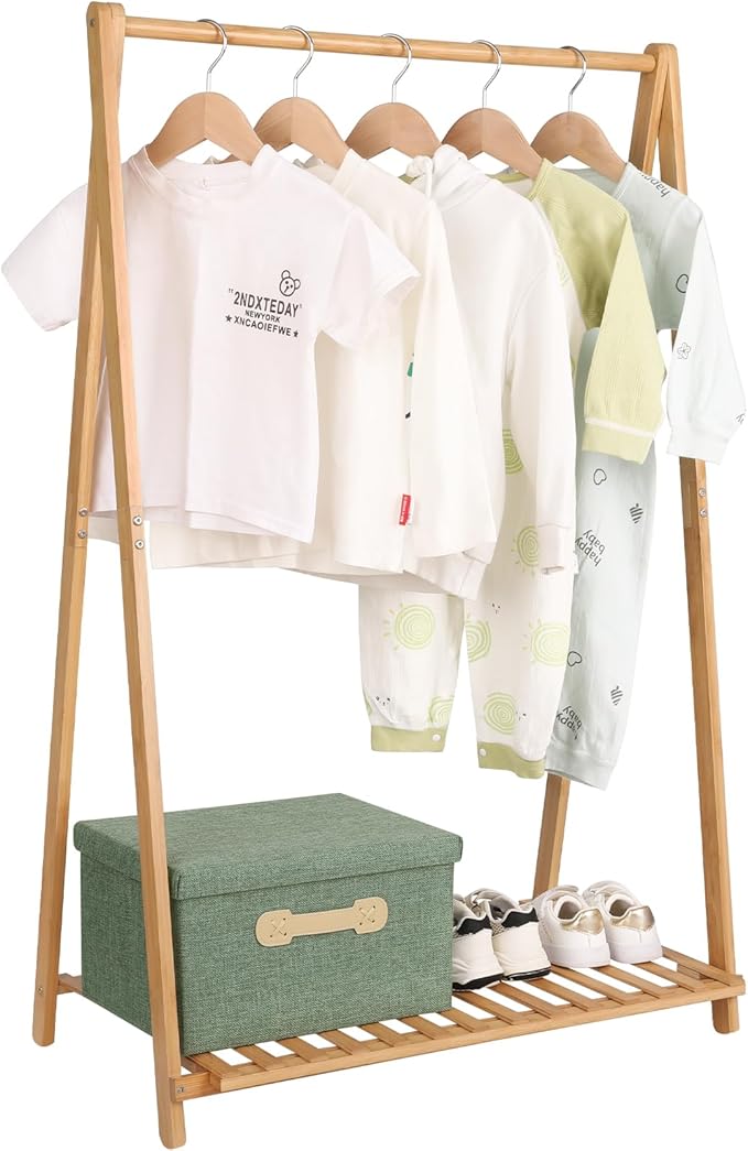Small Clothes Rack Kids Dress Up Storage for Playroom, Toddlers Bedroom, Bamboo Child Garment Rack with Storage Shelf, Kids Clothing Rack Costumes Organizer