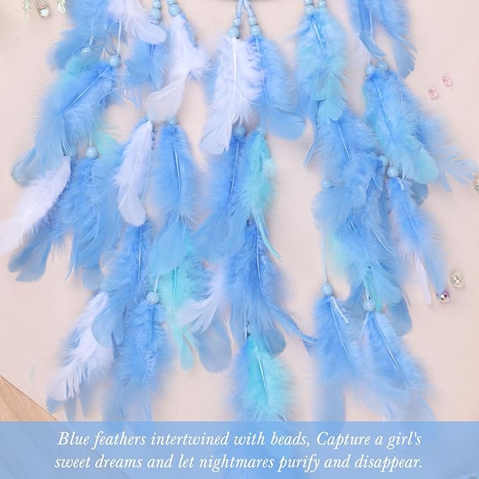 Pretty Jolly Dreamy Girls Butterfly Dream Catcher Wall Decor Fairy Blue Feather Baby Dreamcatcher Handmade Home Décor Wall Hanging for Nursery Bedroom Girls Birthday Gift