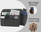Ntomtuex Sofa Armchair Caddy Remote Control Holder with Water Bottle for Couch Recliner, Armrest Organizer with 7-Pocket Design for Magazines, Eyeglasses, iPad, Phone, Khaki