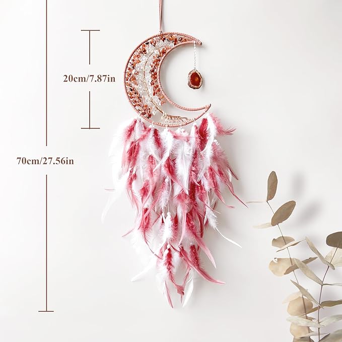 Moon Dream Catchers with Chakra Gemstone Agate Stone, Crystal Tree Life Dream Catchers Wall Hangings Room Decor (Red)