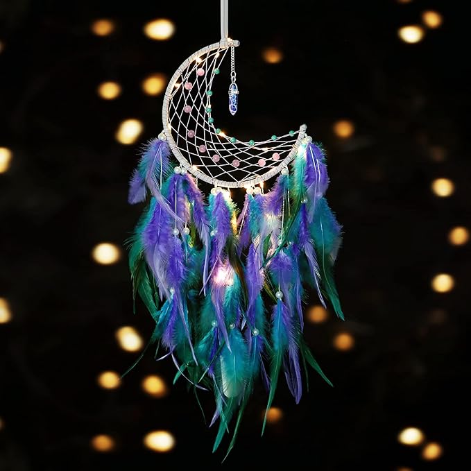 Dremisland Moon Dream Catcher with Fairy Lights-Handmade Feather Lucky Turquoise Pendant Beads Wall Hanging Ornament for Kids Bedroom Home Decoration,Art Craft Gift. (Blue&Purple)