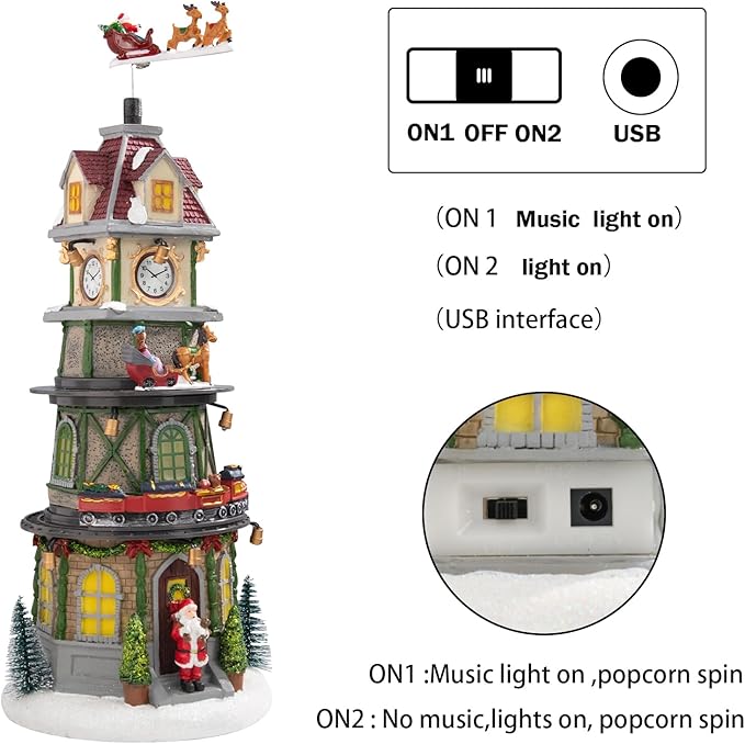 Christmas Village Houses Christmas Collectible Buildings Bell Tower with LED Lights,Xmas Vacation Village Musical with USB Indoor Display Figurines Decoration