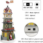 Christmas Village Houses Christmas Collectible Buildings Bell Tower with LED Lights,Xmas Vacation Village Musical with USB Indoor Display Figurines Decoration