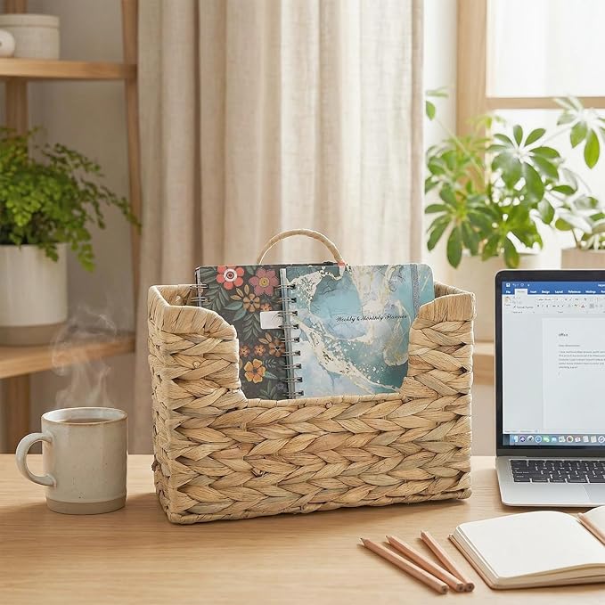ZAVOOS Woven Hanging Magazine Holder, Water Hyacinth Storage Basket with Handle for Files, Books, Letters, Natural Wall Mounted Mail Organizer Rack for Office, Home, Farmhouse Decor