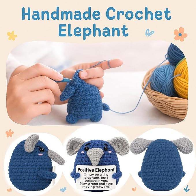 Mini Funny Crochet Elephant Gifts,Cute Handmade Inspirational Gifts for Men, Women, Teens, Friends, Coworkers, Funny Desk Decor for Birthday, Graduation, Office