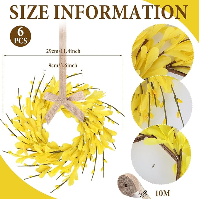 6 PCS 9'' Mini Spring Forsythia Wreath for Front Door Small Artificial Forsythia Farmhouse Kitchen Cabinet Wreaths with Burlap Ribbon Hanging Spring Summer Floral Wreaths for Porch Wall Window Decor