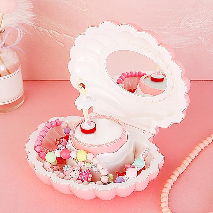 Ballerina Music Box, Pink Shell Music Box with Mirror, Jewellery Melody Box for Birthday, Wedding, Valentine's day