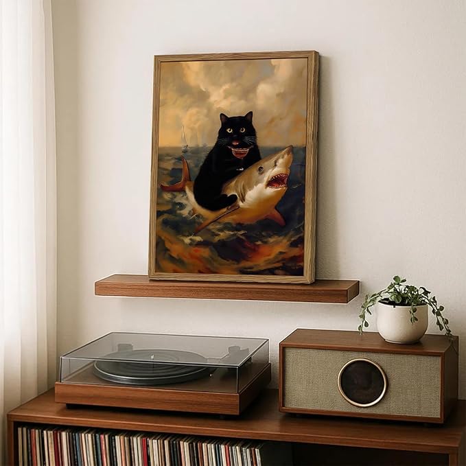 Funny Black Cat Wall Art Whimsical Cat Riding a Shark Wall Decor Picture Unique Animal Ocean Poster Canvas Painting Prints for Bedroom Living Room 16x24 inch Framed
