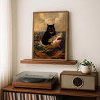 Funny Black Cat Wall Art Whimsical Cat Riding a Shark Wall Decor Picture Unique Animal Ocean Poster Canvas Painting Prints for Bedroom Living Room 16x24 inch Framed