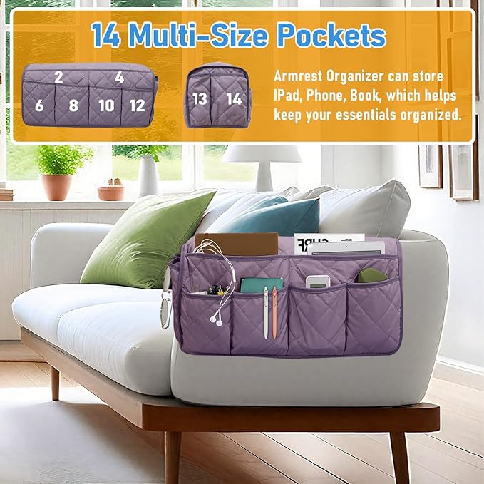 Armchair Caddy, Sofa Armrest Organizer, Non Slip Recliner Organizer, Remote Control Holder for Recliners, Recliner Arm Caddy with 14 Pockets Storage for TV Remote, Phone, Magazine (Purple)