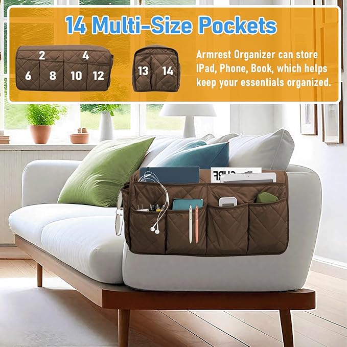 Armchair Caddy, Sofa Armrest Organizer, Non Slip Recliner Organizer, Remote Control Holder for Recliners, Couch Caddy with 14 Pockets Storage for TV Remote, Phone, Magazine (Brown)