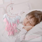 Dremisland Moon Dream Catcher with Fairy Lights-Handmade Feather Lucky Turquoise Pendant Beads Wall Hanging Ornament for Kids Bedroom Home Decoration,Art Craft Gift. (Pink&White)