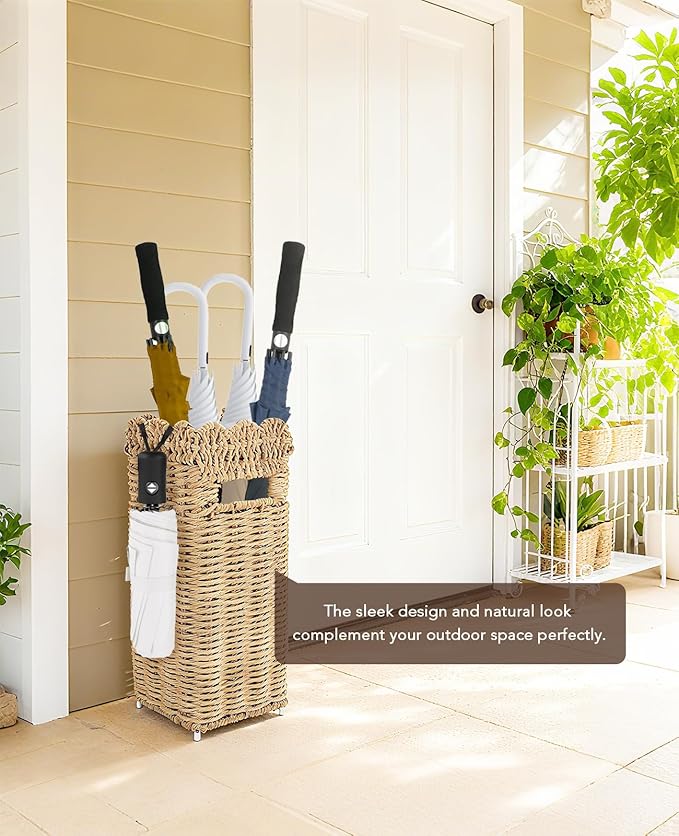 Woven Umbrella Stand for Entryway, PE Rattan Umbrella Holder Basket with Removable Drip Tray, Scalloped Square Cane Stand for Umbrellas, Walking Sticks, Wrapping Paper, Farmhouse Porch Decor, 16.5"