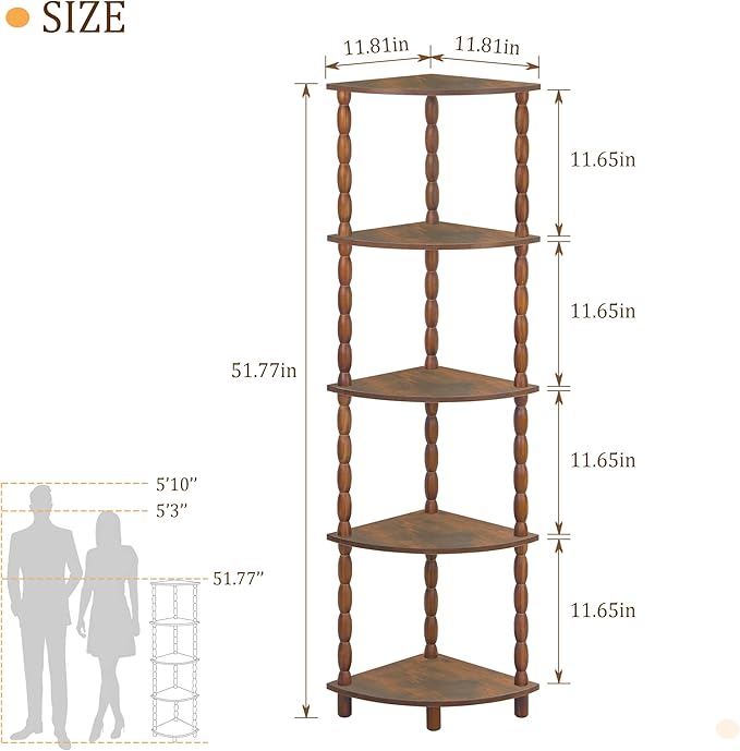 MaxSmeo Corner Shelf, 5-Tier Corner Bookshelf for Small Spaces, Stylish Corner Storage Display Shelves for Bedroom, Bathroom, Kitchen, Living Room (Rustic Brown)