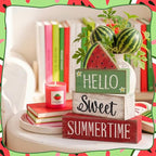 Moucuny 4 Pcs Summer Wooden Table Decor Watermelon Tiered Tray Decor Farmhouse Table Decoration Hello Sweet Watermelon Book Block Summer Decoration for Home Office Kitchen Mantel Shelf