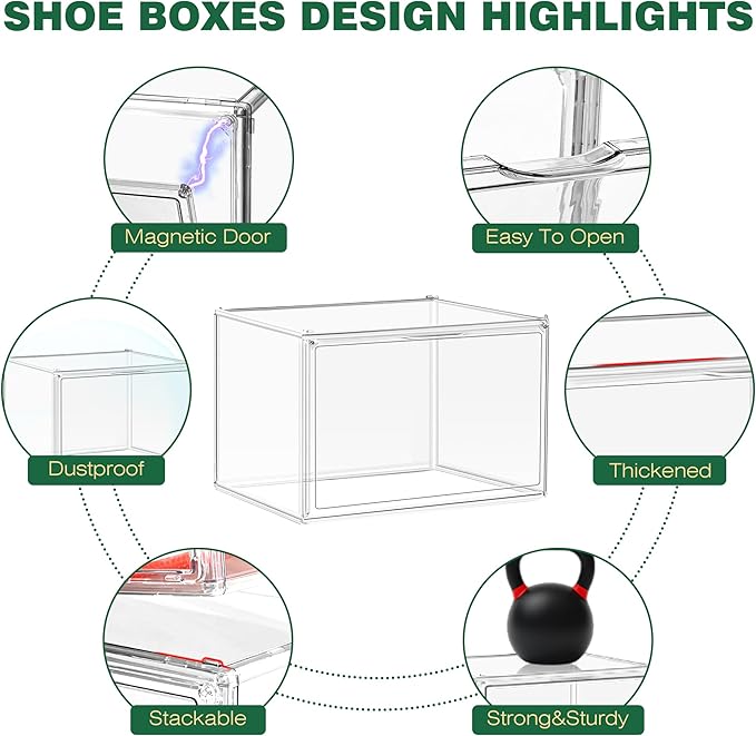 10 Pack Acrylic X-Large Sneaker Shoe Storage Display Case Shoe Boxes Clear Plastic Stackable Bins Boot Handbag Organizer Shoe Cabinet with Magnetic Lids,Size 14