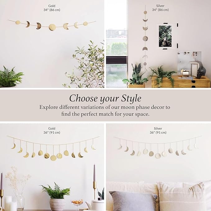 BASE ROOTS Moon Phase Wall Decor, Celestial Décor, Moon Décor & Boho Wall Décor, Gold Wall Art for Bedroom & Living Room, Bohemian Wall Decor, Handmade Hammered Metal 36" 7 Phases Moon Wall Decor, Gift for Women & Kids