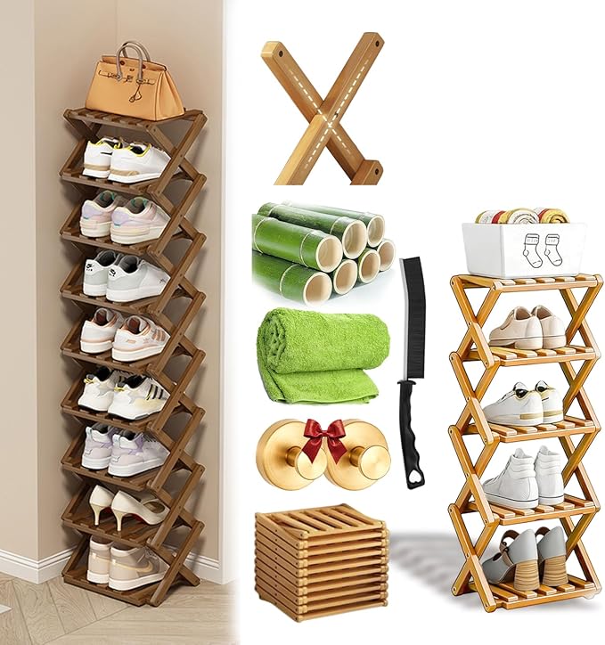 Foldable Shoe Rack, 2 - 9 Tier No-Tool Assembly Bamboo Organizer with Anti-Wobble X-Design for Small Spaces, Sturdy Vertical Storage Shelf for Entryway, Closet, Apartment & Dorm (Yellow,5 Layers)