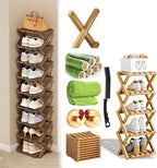 Foldable Shoe Rack, 2 - 9 Tier No-Tool Assembly Bamboo Organizer with Anti-Wobble X-Design for Small Spaces, Sturdy Vertical Storage Shelf for Entryway, Closet, Apartment & Dorm (Yellow,5 Layers)