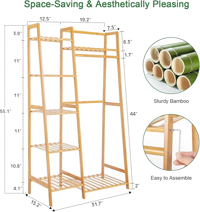 Bamboo Clothes Rack with 7 Tier Storage Shelves Clothing Hanging Stand for Small Spaces Children's Wardrobe Closet, Multifunctional Plant Stand