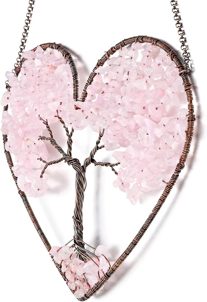 JOVIVI Tree of Life Feng Shui Crystal Heart Hanging Ornament Rose Quartz Gemstones Healing Stones Yoga Meditation Window Wall Hanger for Home Wedding Decor