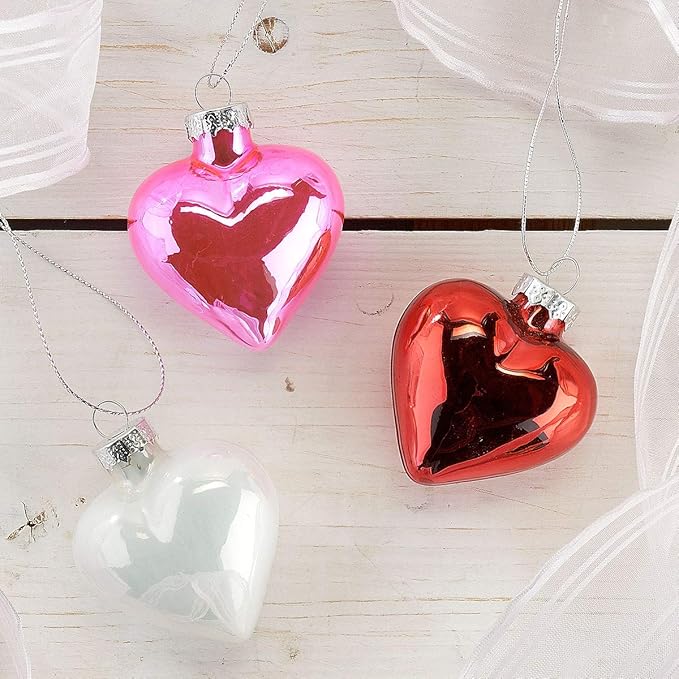 Lillian Vernon Shiny Glass Hearts Valentines Ornaments - 12 Piece Set, Blown Glass, Handcrafted Hanging Tree Decorations, Valentine's Day Holiday & Party Decor, 2" Tall Heart, Red, White & Pink