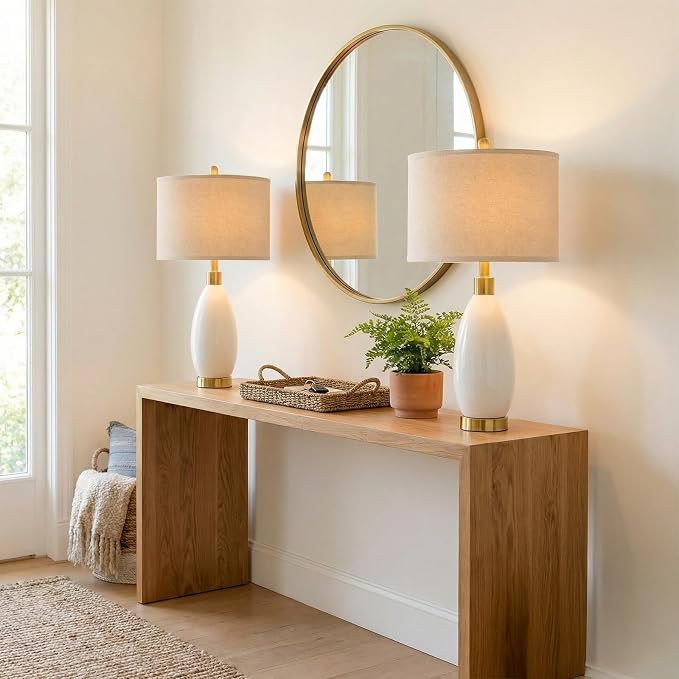 USumkky 24" White Oval Ceramic Table Lamp Set of 2, Modern Minimalist Bedside Nightstand Lamps for Bedroom Living Room, Linen Shade & Gold Metal Base, Rotary Switch E26 (Bulbs Excluded)
