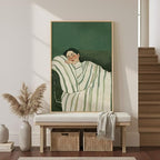 Framed Woman Bedroom Wall Art, Large Cozy Woman Canvas Painting for Room Decor, Relaxing Minimalist Artwork for Walls, Green Picture Print for Nursery Guest Room Hallway Wall Art Decor, 24x36 Inch