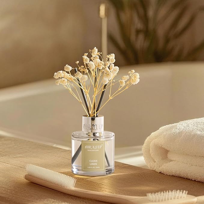 Airkeep Reed Diffuser Set,1.69 fl oz (50 ml) - Clean Linen Oil Diffusers with 8 Reed Sticks,Home Fragrance Reed Diffuser for Bathroom Shelf Decor