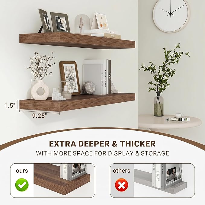 Acovy 32 Inch Floating Shelves, 3D Textured Wood Grain, 32"x9.25"x1.5" Inch Deep Floating Shelves for Wall, Wooden Shelves for Bathroom, Bedroom, Living Room, Walnut, 2 Pieces