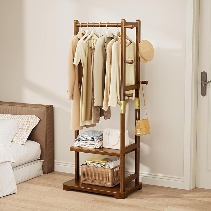 Coat Rack Solid Wood Clothes Rack with 2 Shelves & 4 Hooks for Hanging Clothes Garment Wallets Hats, Clothing Rack Coat Rack Freestanding Hall Tree with Storage for Hallway Bedroom Living Room