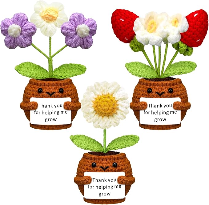 Wavwavw 3 Pack Teacher Appreciation Gift Positive Flower Handmade Crochet Doll Thank You for Helping Me Grow Gifts Back to School Gifts for Women Teacher(Strawberry, Puff and Sunflower)