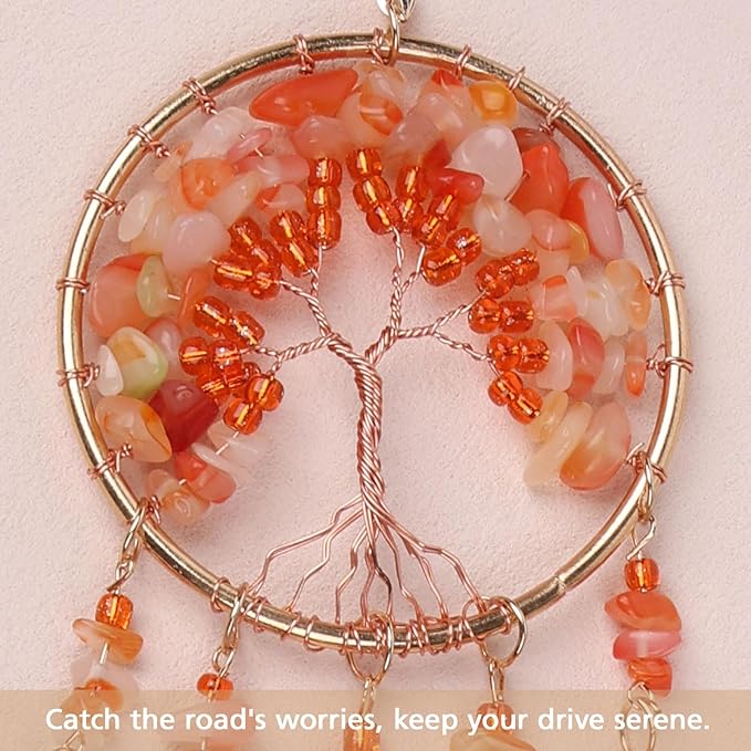 Pretty Jolly Small Tree of Life Crystal Stone Dream Catchers Orange Feathers Mini Dreamcatchers for Cars Rear View Mirror Hanging Decoration Good Luck Travel Charm Bedroom Ornaments for Women Girls