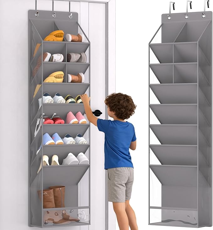 VERONLY Door Shoe Organizer, Over The Door Hanging Shoe Rack with Large Pockets, Space Saving Shoe Storage for Closet, Entryway, Bedroom, Shoe Holder for Men Women Kids (Grey)