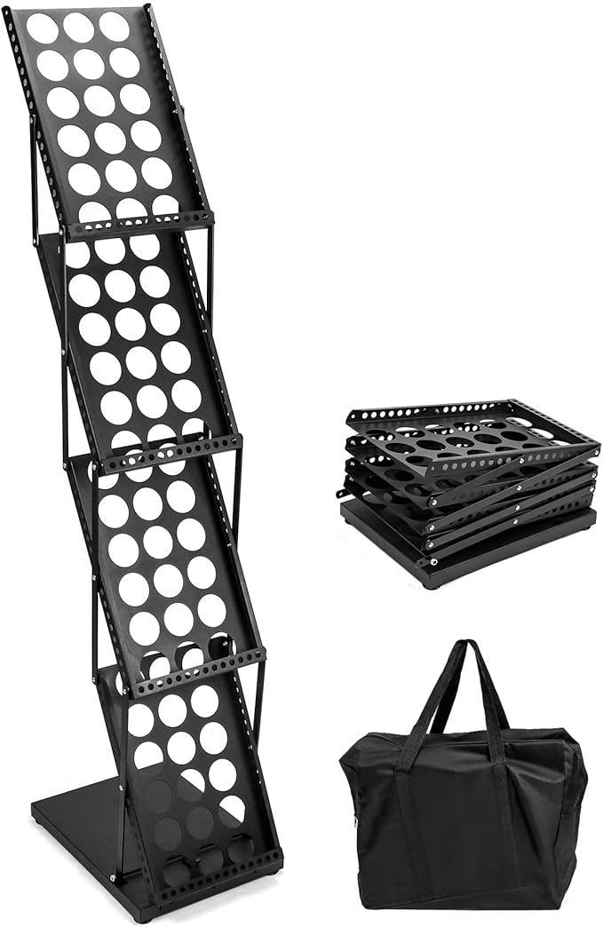 QWORK Magazine Brochure Display Rack Stand, 4 Pocket Foldable Literature Catalog Rack Book Holder Tradeshow Display Stand, for Office Store and Exhibition Trade Show (Black)