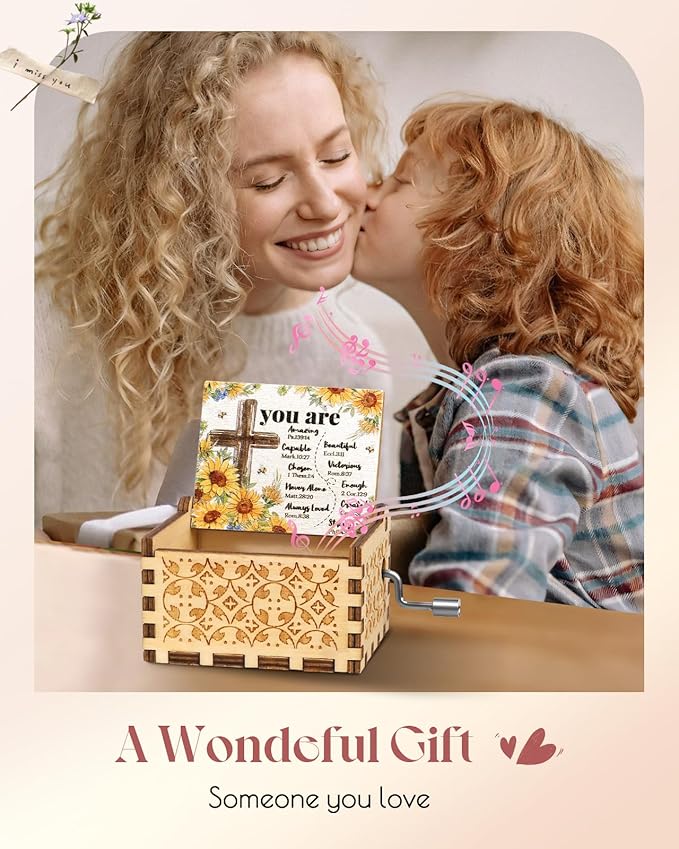 Swooflia Mother's Day Wooden Music Box for Jesus - Hand Crank Engraved Musical Box Vintage Mechanism Personalized Gifts for Mom Aunt Daughter Niece Granddaughter Grandma Friend On Birthday