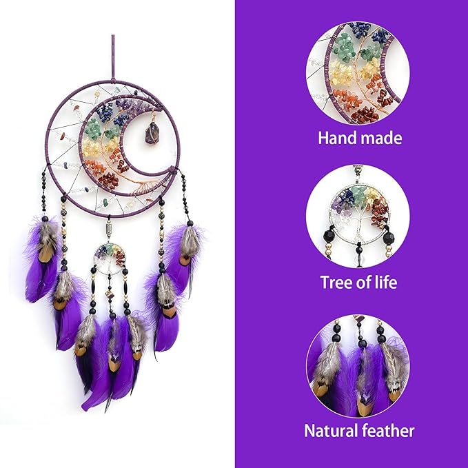 Purple Large Dream Catcher Wall Decor Crystal Tree of Life Dream Catchers with Stone Pendant Handmade Feather Dreamcatcher Wall Hanging Ornament for Bedroom Living Room Home Decor