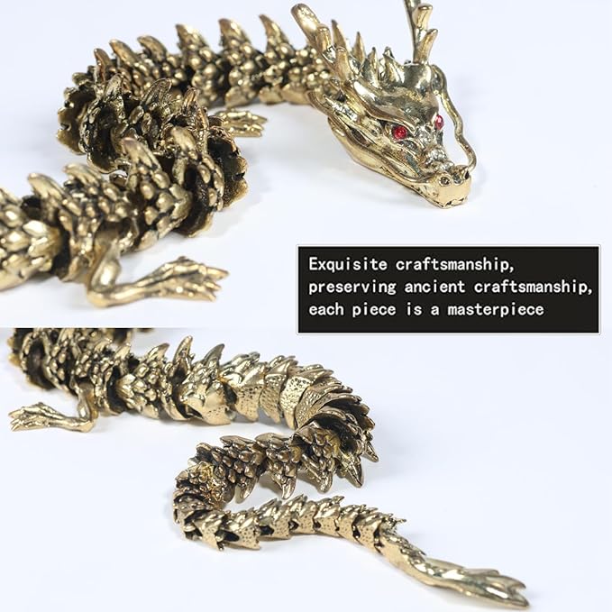 LIYAOLI 3D Articulated Chinese Dragon Statue Metal Copper Dragon 9 Inch Luck Dragon for Home Office Desk Decoration
