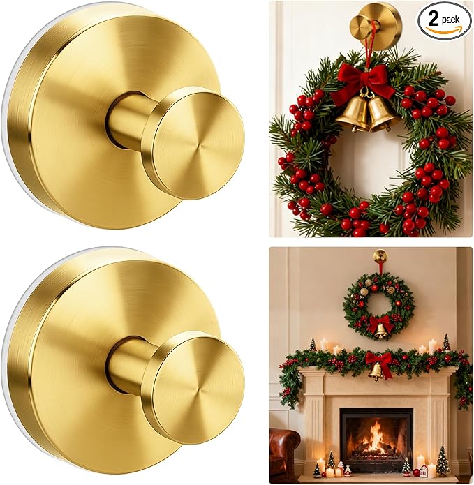 Wreath Hangers for Front Door, Suction Cup Hooks for Door Wreaths, No Damage Door Wreath Hanger for Over The Door/Glass Window/Outdoor, Christmas/Thanksgiving/Halloween/Holiday (Gold, 2-Pack)