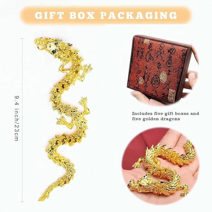 LIYAOLI 5 Pcs 3D Golden Dragon Decor, 9inch Chinese Dragon Sculpture, Hand-Polished Metallic Finish Art Piece, Zen Office Desk Decor, Premium Collectible Display