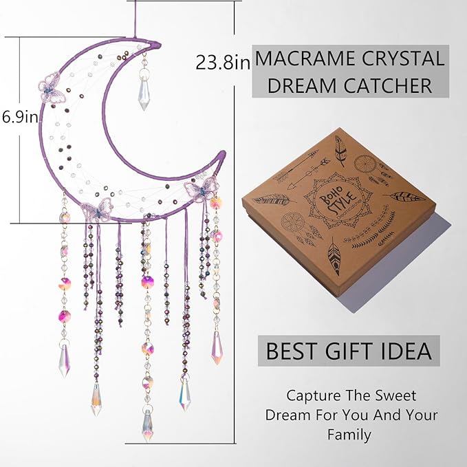 Artilady Butterfly Dream Catchers with Crystals - Large Boho Purple Moon Dream Catcher Wall Decor Home Decorations Girls Kids Baby Bedroom Room Decor Christmas Birthday Teen Girl Boys Gifts
