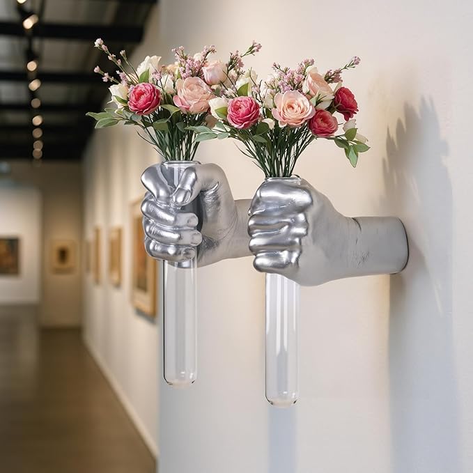 2 Pieces Wall Sculptures, Hands Vase Home Decor, Wall Mount Art Sculpture, Unique Wall Art Statue, Funky Flower Vase Decorations, Modern Eclectic Hanging Decor,Hands Statue (Silver(L+R))