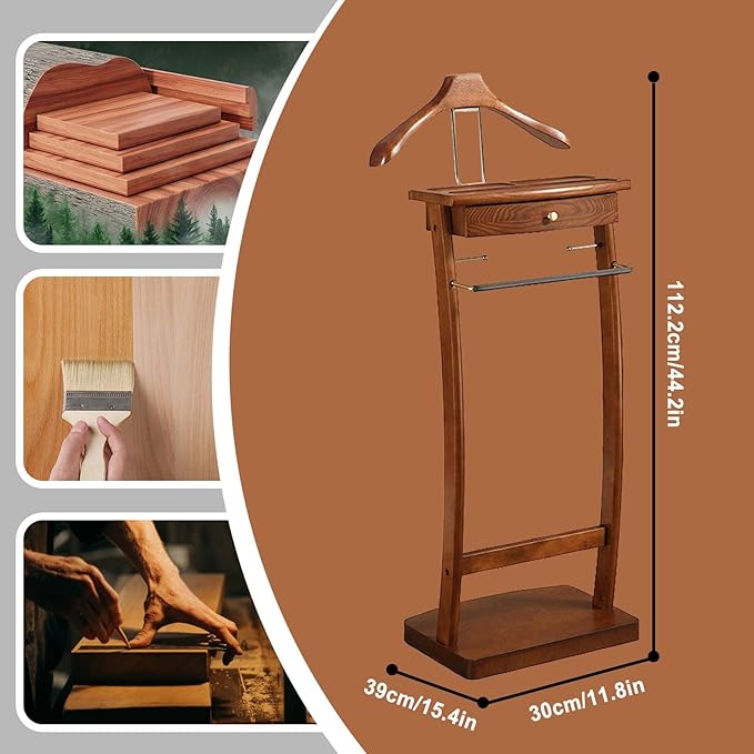 Wooden Suit Valet Stand for Men, Clothes Valet with Drawer, Shoe Rack, Tie Rack and Trouser Bar, Freestanding Clothes Organizer for Bedroom Entryway