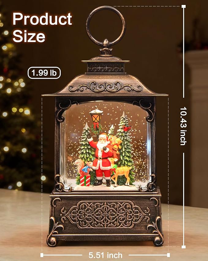 Christmas Snow Globes Light up Snowglobes Christmas Lantern with 8 Songs, 10.43" Christmas Snow Globes for kids adults, 6H Timer & Dual Power, Lighted Christmas Decorations Indoor, Gifts for Women Men